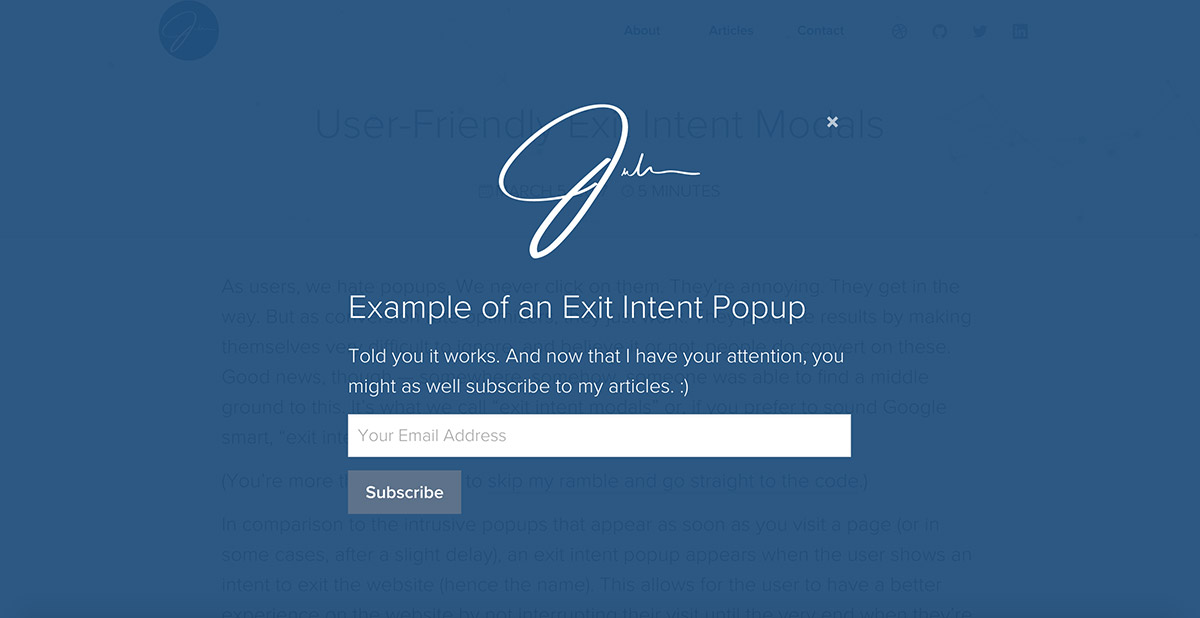 Example of an exit intent modal